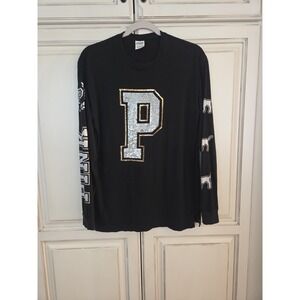 Victoria's Secret Pink Sequins Logo‎ Campus T Shirt Women's Xs Dog Long Sleeve